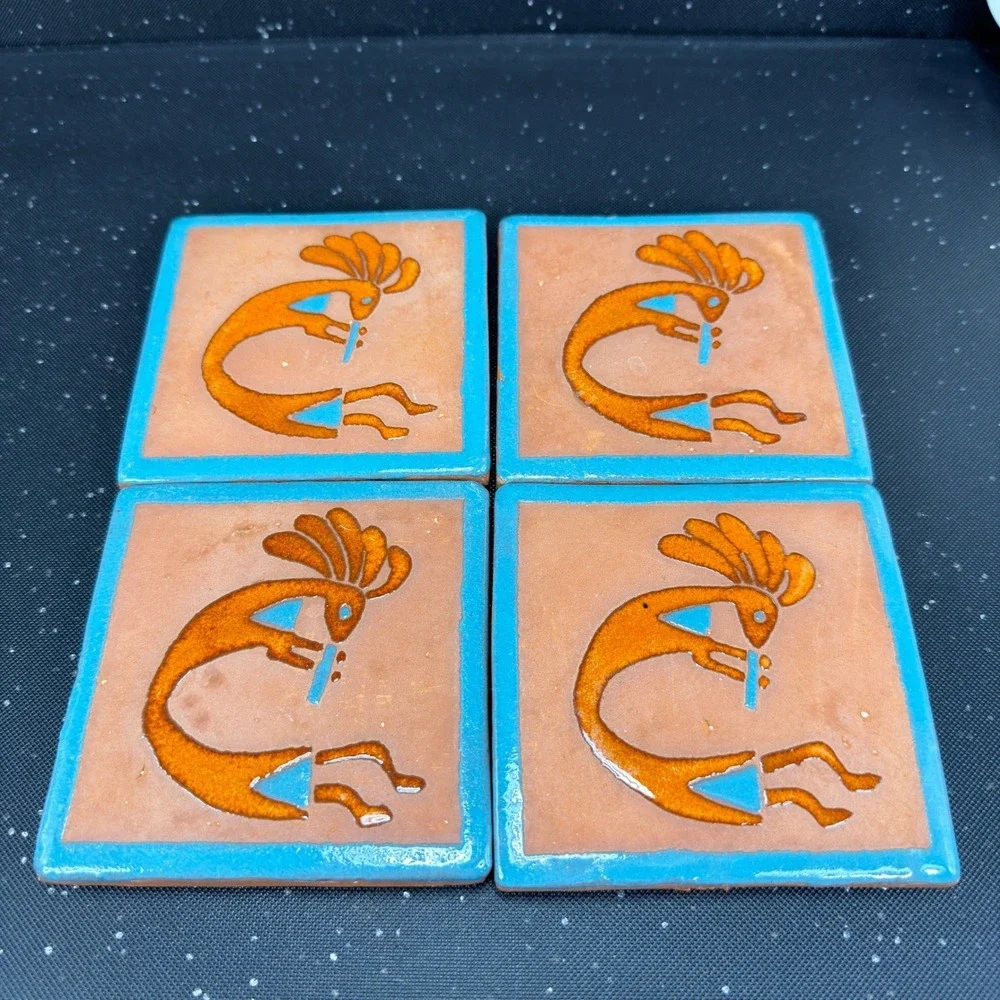 Tecate Mexico Kokopelli Terracotta Tiles Set of 4 Turquoise Orange 4in Coasters